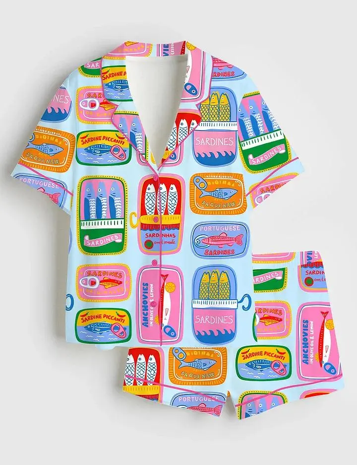 Colorful Sardine Satin Pajama Set, Mediterranean Fish Long Sleeve Sleepwear, Silky Foodie Gift PJs, Coastal Grandmother Loungewear