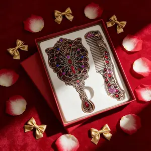 [Buy 1 Get 1 Free] Vintage Peacock & Butterfly Mirror Comb Set - Zinc Alloy Pocket Vanity Kit for Bridesmaids/Cosplayers, Gothic Lolita Hair Set, Portable Makeup Essential, Metal Coating, Palm-Sized Perfection