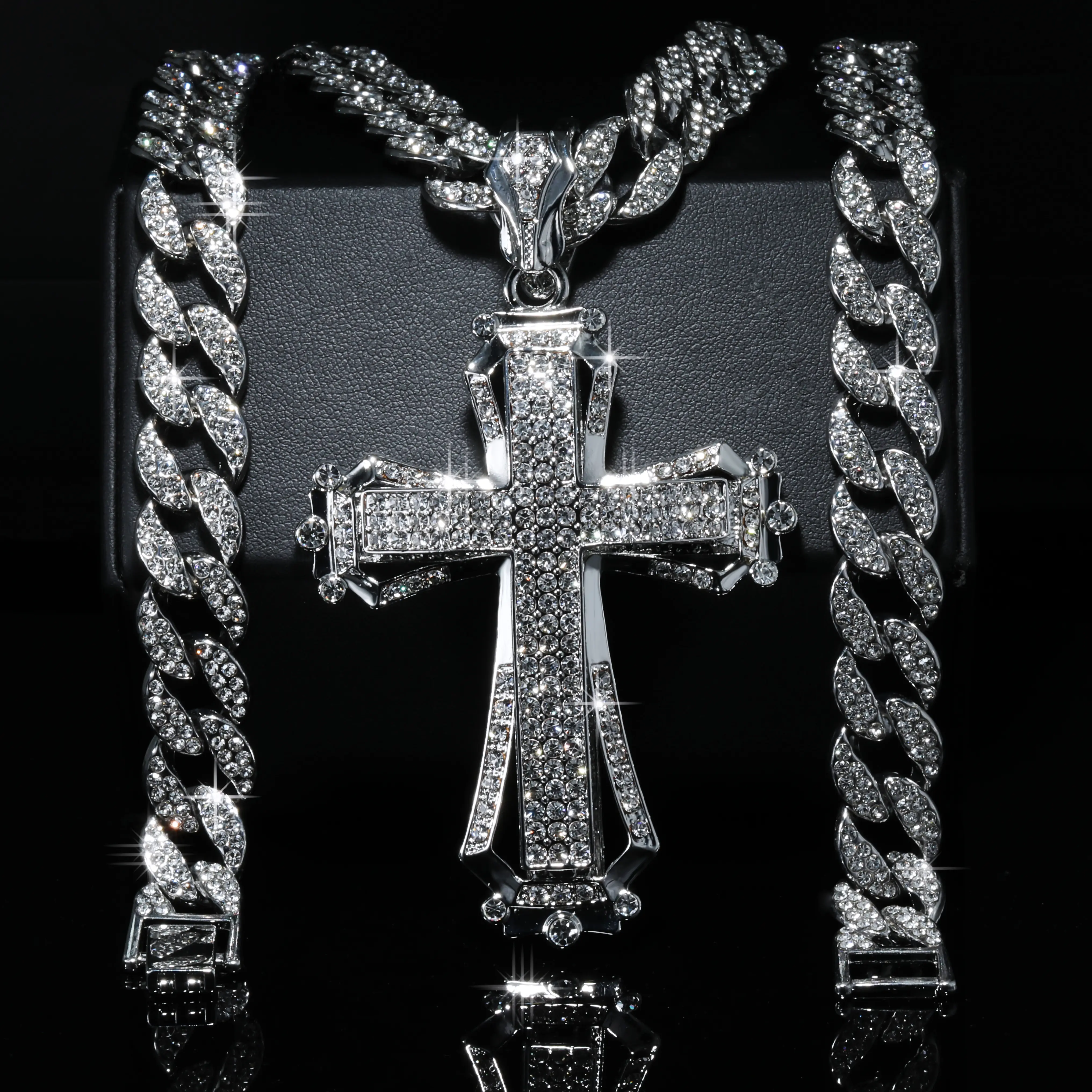 925 Silver Hollow Cross Fully Iced Large Pendant | 20", 24" & 30" Cuban Link Chain Necklace Silver Plated Hip Hop Men's Fashion