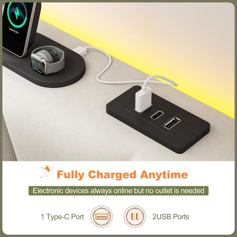 Raybee Full/ Queen/King Size Bed Frame with 51" Velvet Upholstered Headboard, up to 900 LBS ,Platform Bedframe with Charging Station and LED Lights, Wingback Headboard, No Box Spring Needed, Noise-Free[Black Friday]