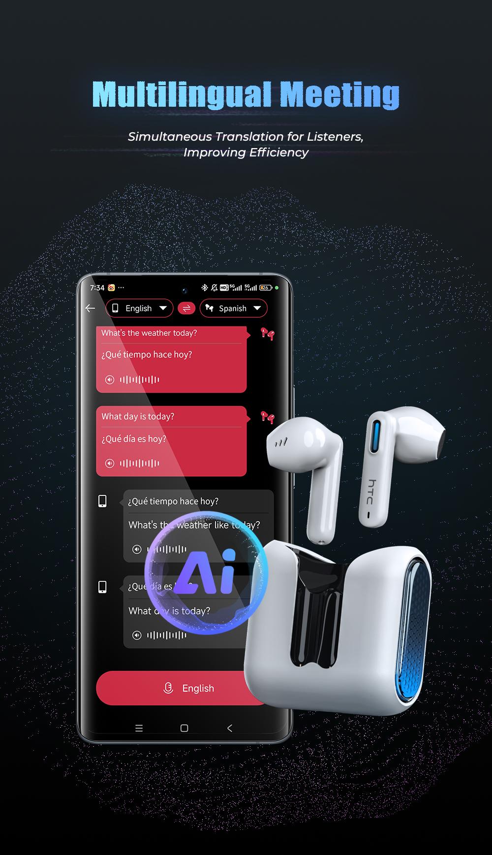 HTC NE49-ai translation headset Bluetooth headset (6.0), charging box, IPX5 waterproof, 35 hours of charging box life, built-in microphone.