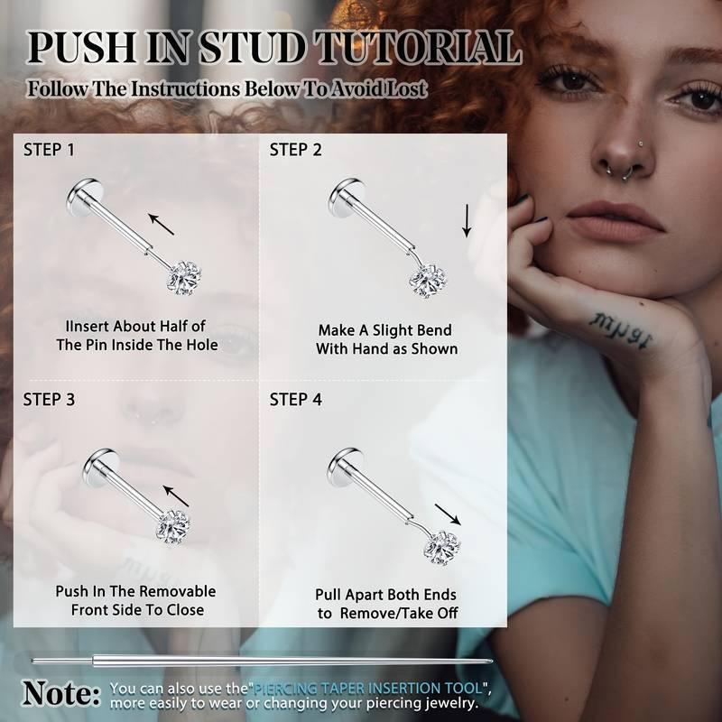 2D Flat - 25pcs Stainless Steel Body Piercing Jewelry Set | Taper Ball Grabber Tool, Charm Ear Studs, Nose Studs, Multi-Color, Synthetic Cubic Zirconia Earrings, 14G 16G 18G 20G, Flat Back Earring Applicator Tool