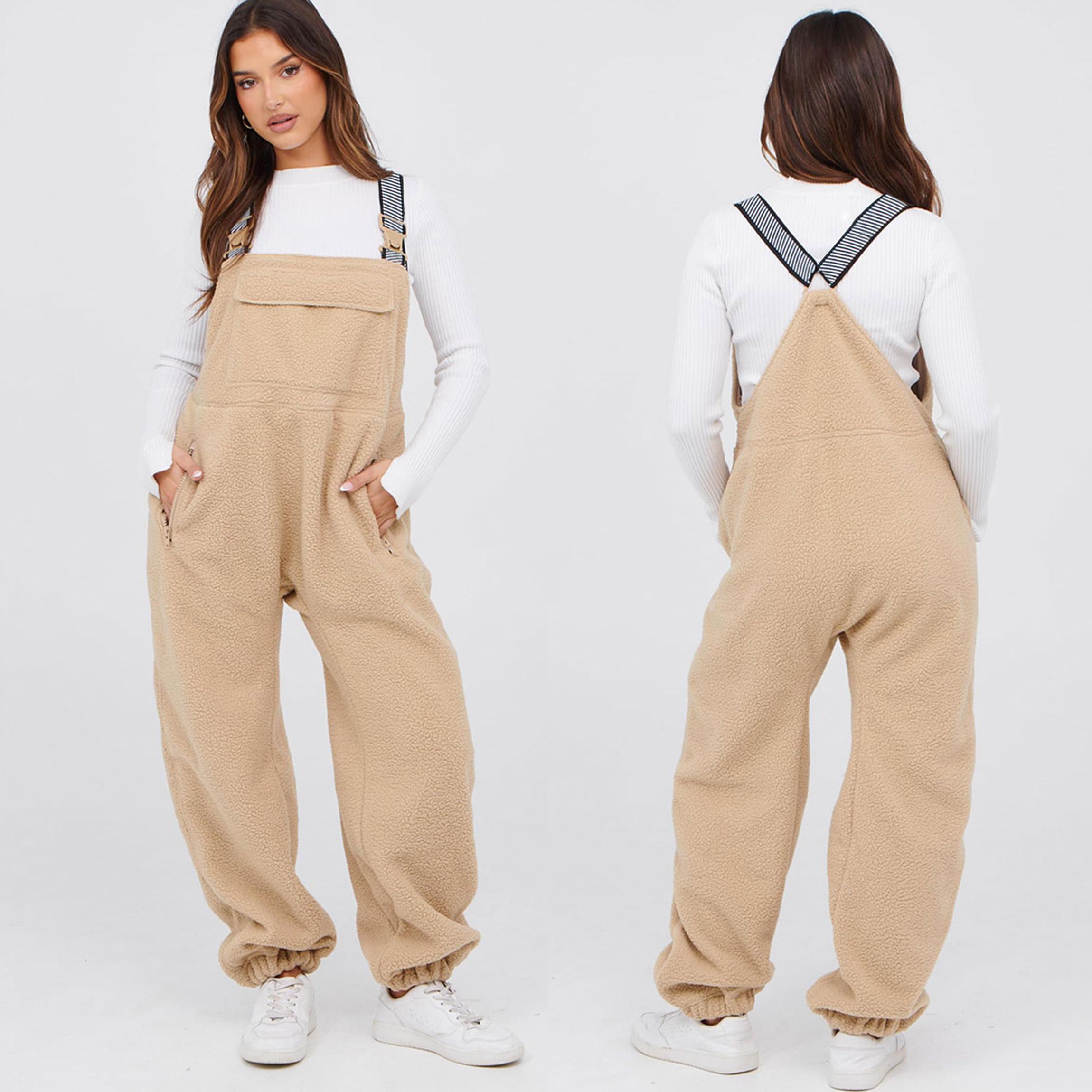 Buenoble Women's Fuzzy Fleece Overalls Winter Bib Pants Loose Fit Adjustable Strap Jumpsuit Warm Teddy Sherpa Romper Loungewear Streetwear SpringStatements