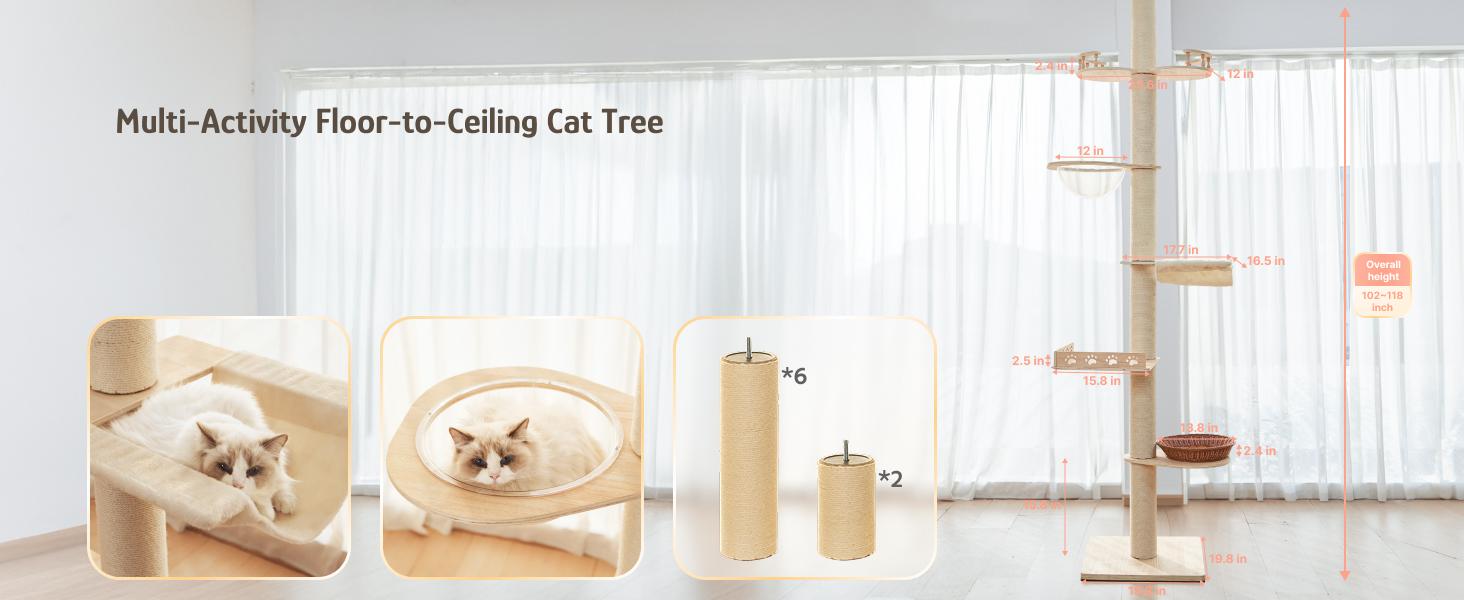 Adjustable Height Cat Tree Tower (102-118 inches ) 5-Tier Hemp Scratching Post Indoor/Outdoor Sturdy Cat Activity Center with Perches