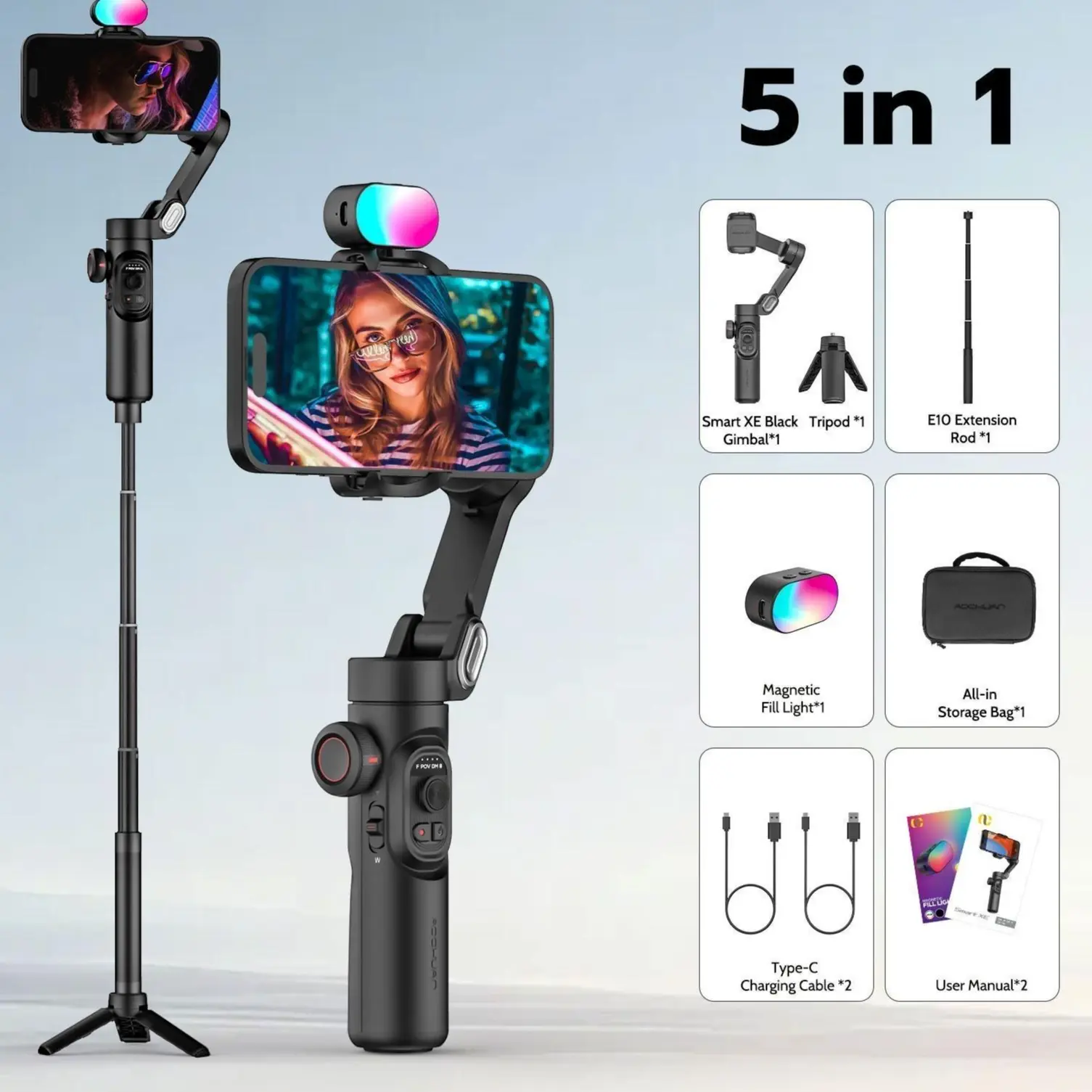 Cinematic 3-Axis Gimbal Stabilizer Kit w/ Foldable Selfie Stick & RGB Light | For iPhone 17 Pro Max & Android | Top-Tier Travel Vlogging Gear for Solo Creators - | USKEYVISON:  Go Viral With Butter-Smooth Shots