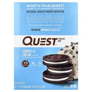 Quest Nutrition Protein Bar, Cookies & Cream, 12 Bars, 2.12 oz (60 g) Each
