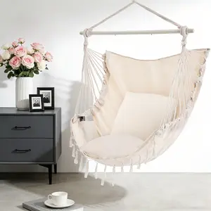 Single Hammock Chair with 2 Cushions, Hammock Swing, Macrame Hammock with High Load-Bearing Metal Rod, Indoor＆Outdoor
