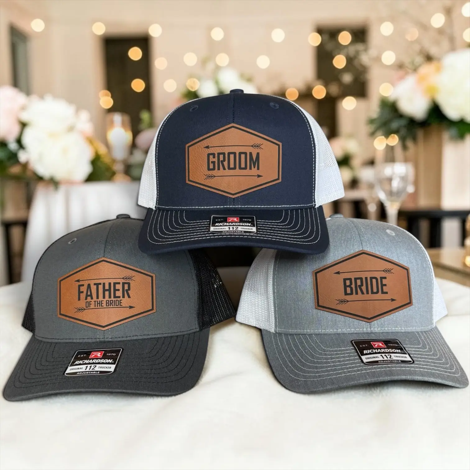 Wedding Party Hats, Groomsman gifts, Best Man Gift, Groom hat, Adjustable Richardson 112 Structured Mesh Back Cap with Leatherette Patch