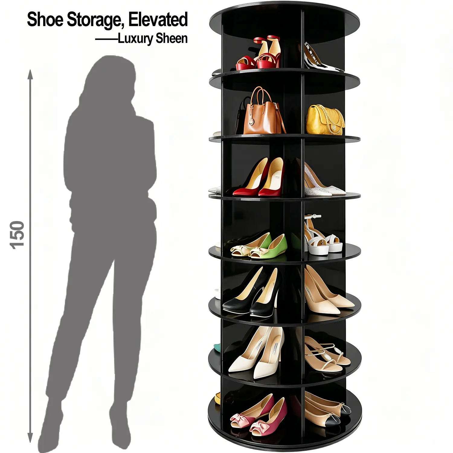 Black 7-Tier Rotating Shoe Rack Organizer, Lazy Susan Display Tower, 360-Degree Vertical Storage Holder for Shoes and Bags
