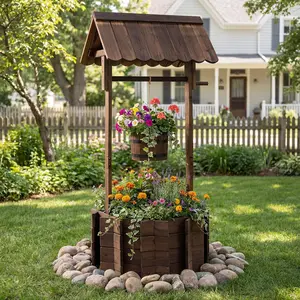 COSTWAY Wooden Wishing Well Planter with Hanging Bucket, Carbonized Fir Wood Outdoor Garden Planter for Flowers, Rustic Decorative Flower Pot for Yard Patio Deck Home Decor