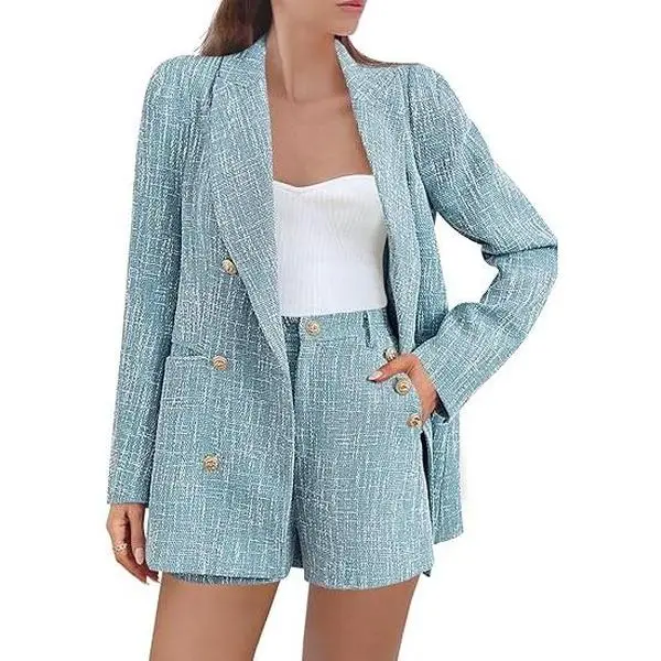 Cicy Bell Women's 2-Piece Tweed Suit Set, Long Sleeve Double Breasted Blazer & Shorts, Business Outfit