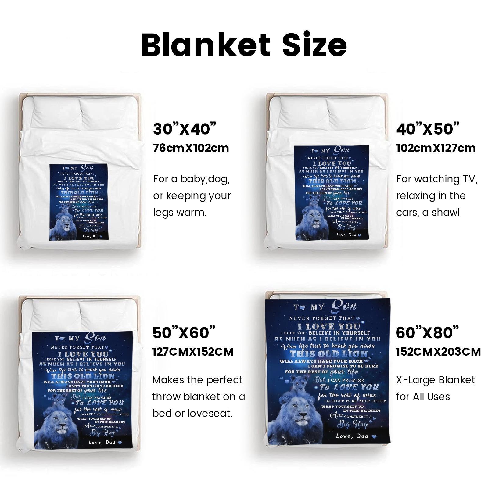 To My Son Dad's Lion Love Flannel Blanket Soft Cozy Gift Throw with Heartfelt Father Son Message & Lion Illustration Perfect for Gifting to Sons Snuggling Warmly or Wrapping in Dad's Forever Support & Affection