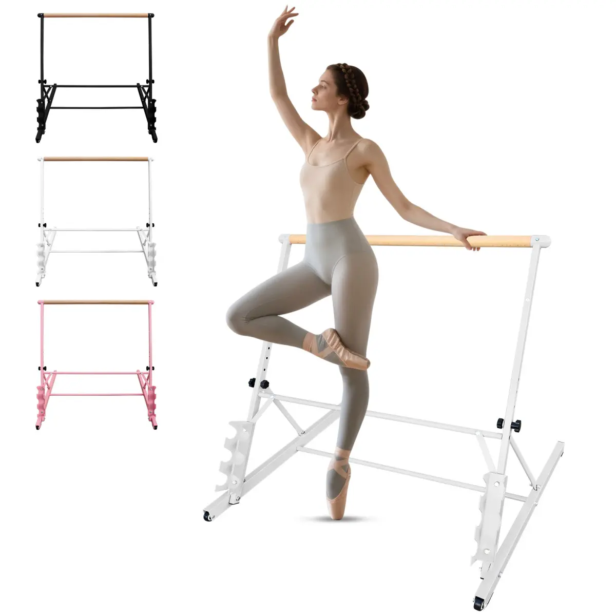 Freestanding Ballet Barre, 41.3" Portable Steel & Wood Training Bar with Adjustable Height for Home Dance and Stretching, 41.3" Length, Stretching Aid, Pilates Focus, Wall-Friendly, Steel Frame, Dance Support