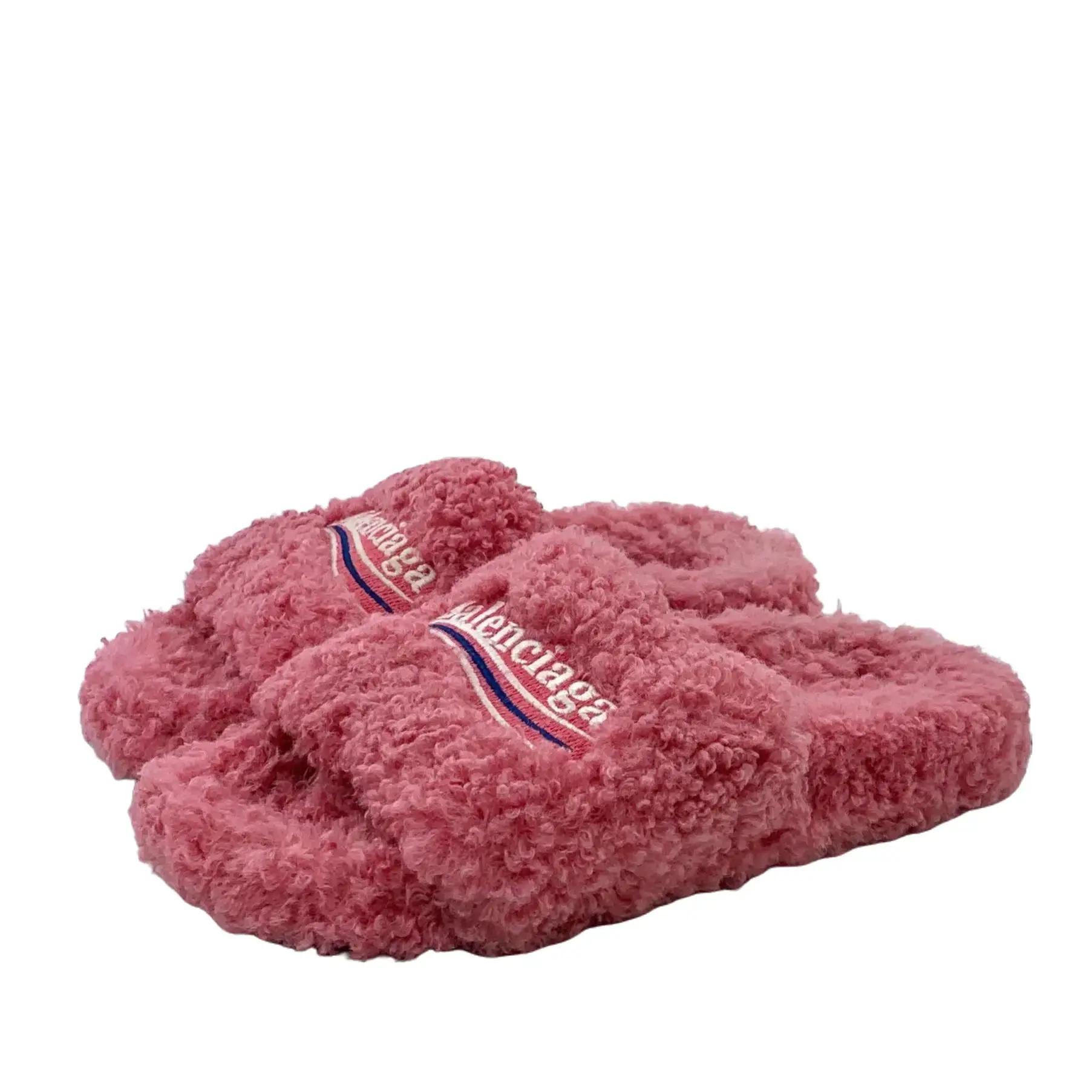RDLT-Balenciaga Size 35 Furry Pink Logo Embroidered Fuzzy Flat Slides-H33856