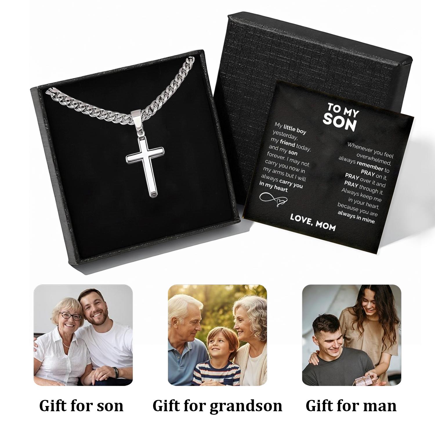 "To My Son" Stainless Steel Cross Pendant Necklace with Card & Gift Box Perfect for Birthdays Valentine's Day Christmas Personalized Gift for Loved Ones