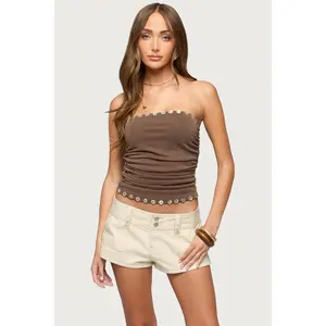 Marey Iridescent Ruched Strapless Top Marey Iridescent Ruched Strapless Top