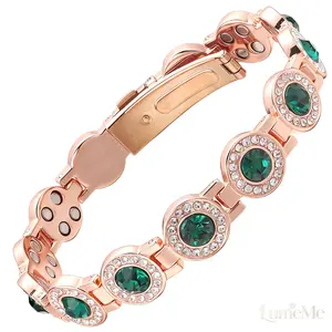 Emerald Green CZ Luxury Magnetic Copper Bracelet for Women, 3800 Gauss 4X Stronger ，Energy & Balance ,Adjustable ,Ideal Gift