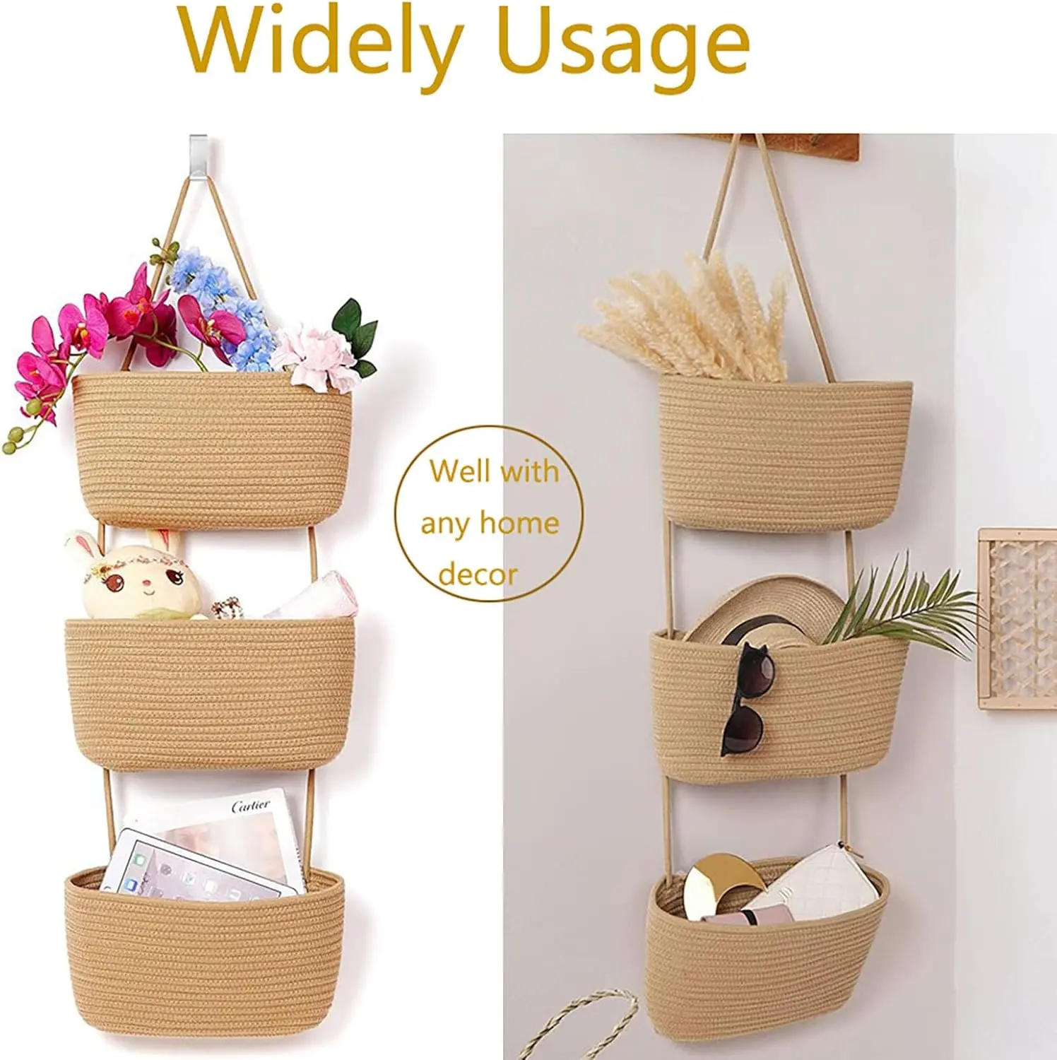 3-Tier Woven Basket Hanging Rope Shelf - Removable Over-The-Door Multi-Compartment Organizer, Decorative for Living Room, Nursery Decor, Woven Look Adds Warmth to Any Room