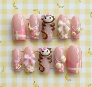 Kawaii Monkey Press On Nails, Pink Polka Dot, Handmade Cartoon Nail Art
