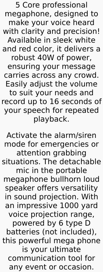 5Core Megaphone Bullhorn Speaker 40W Bull Horn Rechargeable Cheer Megafono 1000 Yards Does not apply