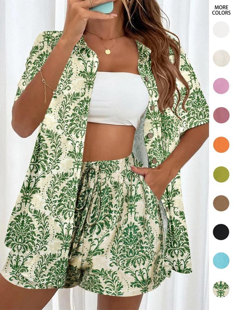 Women's Solid Button Front Shirt & Drawstring Waist Shorts Two-piece Set, 2 Counts Casual Short Sleeve Top & High Waist Shorts, Ladies Summer Outfits 2024 for Daily Wear