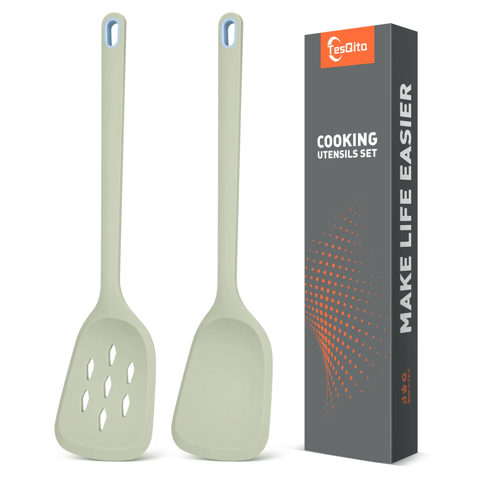 2-Piece Sturdy Silicone Cooking Utensil Set - Solid & Slotted Spatulas, Heat Resistant 450℉, Hanging Design, Ideal for Pan Cooking, Frying, Baking, Oil Handling (Green)