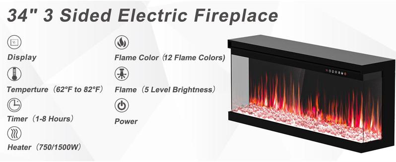 【2 Packages Shipping】Dragosum 3-Sided Fireplace TV Stand, 70-Inch Entertainment Center for Up to 80-Inch TVs with 34-Inch Electric Fireplace, LED Lights, and Farmhouse Glass Door Cabinet