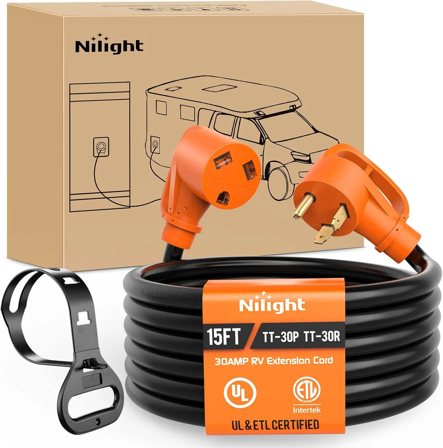 Nilight Heavy-Duty 30A 125V 10 Gauge Pure Copper STW Extension Cord Reel - 15/25/50/100FT RV Cable, UL ETL Listed, 3-Prong NEMA TT-30 Fit, 3750W Max Load, Rain-Proof Coat, Cable Organizer, Handle, Indoor/Garage/RV Site Use (15ft Option), Water Resistant,
