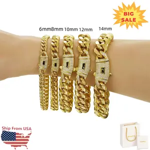14K Golden Plated Miami Cuban Link Bracelet With Cubic Zirconia Clasp Stainless Steel Hip Hop Jewelry For Men and Women 7.5/8.5inches With Gift Bag