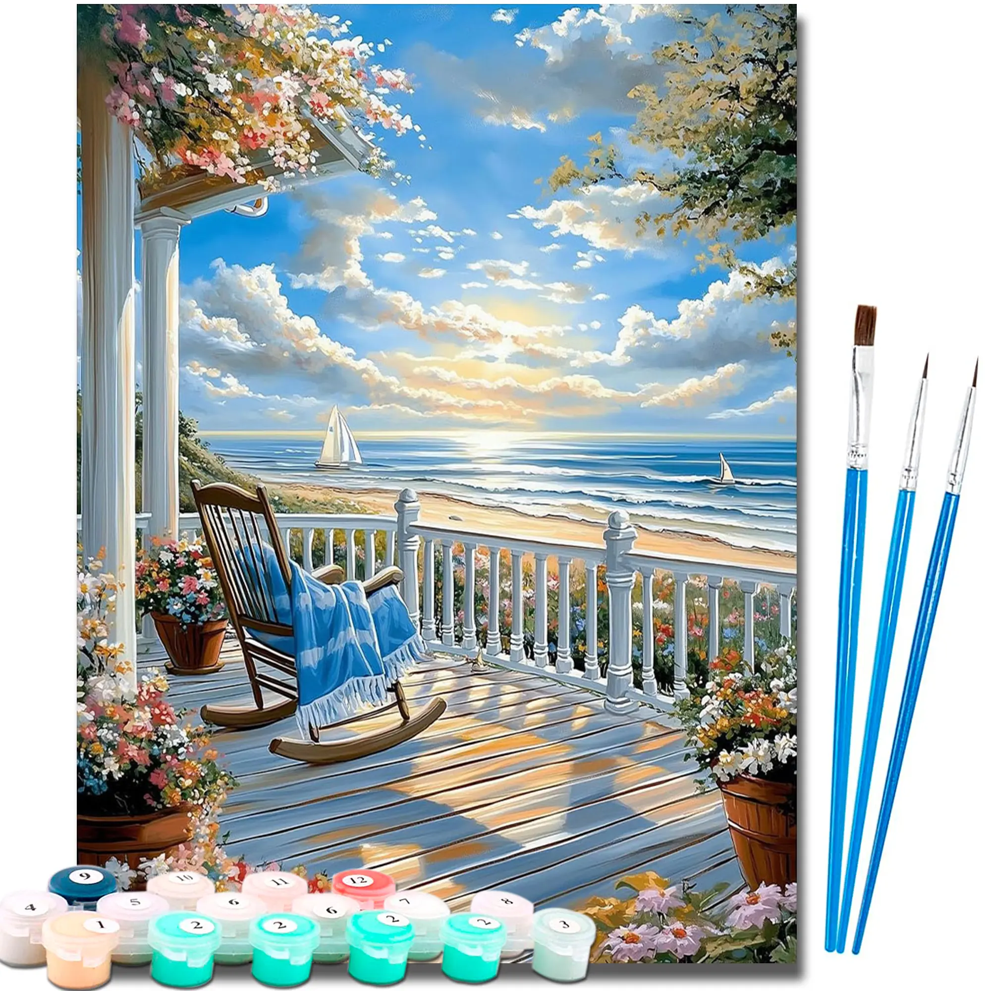 Paint by Number Kits for Adults Beginners, Easy Acrylic Simple Seaside Paint by Number Kits, DlY Watercolor Paint by Numbers Kits on Canvas Without Frame for Home Wall Decor Home Decoration 16x20inch