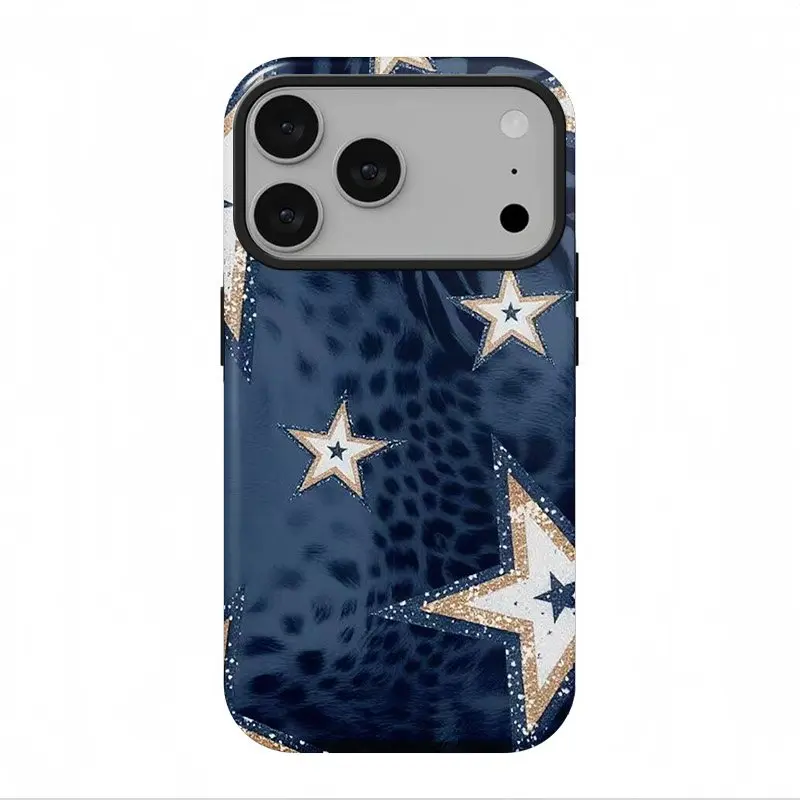 Dark Blue Leopard Print 5-Pointed Star Durable Double-Layer Waterproof iPhone Case, Protection Accessory for iPhone 13-17 Pro Max Including iPhone15, Firm-Fit Handheld Mobile Phone Cover