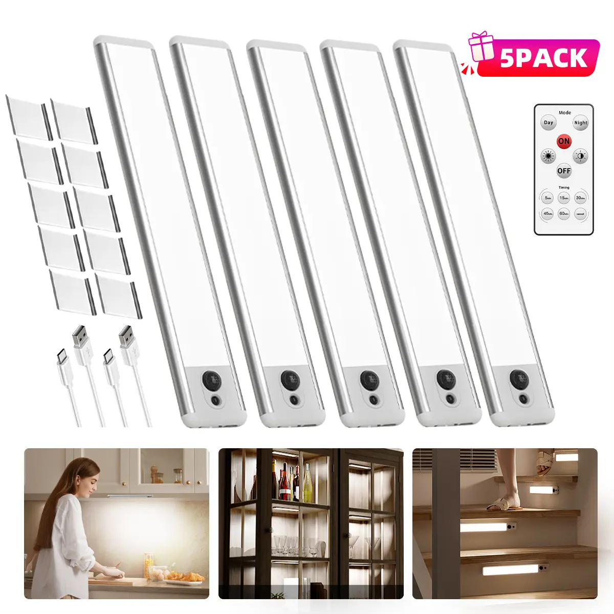 EZVALO Under Cabinet Lights with Remote, Motion Sensor Light Indoor, 1600mAh USB Rechargeable LED Closet Lights, Dimmable Magnetic Installation Lighting for Kitchen, Wardrobe, Cupboard, Pantry, Hallway, Garage, Stairs, Gift, Renter-Friendly