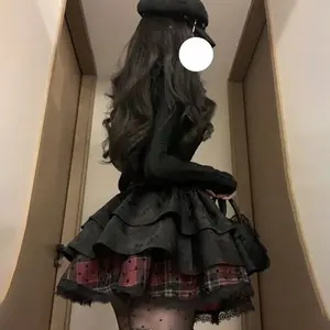 French Audrey Style Princess Edgy Long Sleeve Cardigan Red Black Plaid Puff Dress Casual Womenswear