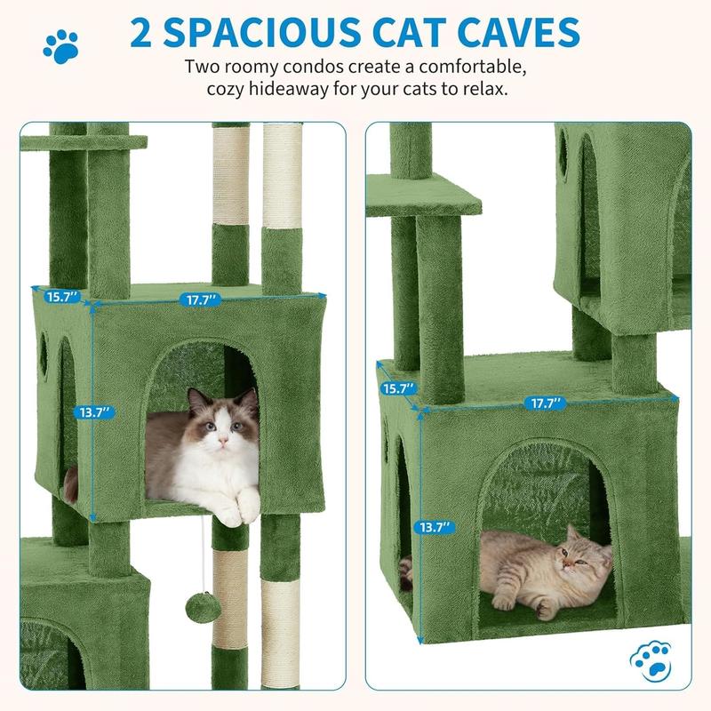 61" Large Cat Tree Tower for Indoor Cats, Heavy-Duty Multi-Level Cat Condo for Maine Coon & Big Cats with Extra-Large Perch, 2 Spacious Houses, Sisal Scratching Posts & Hanging Toys