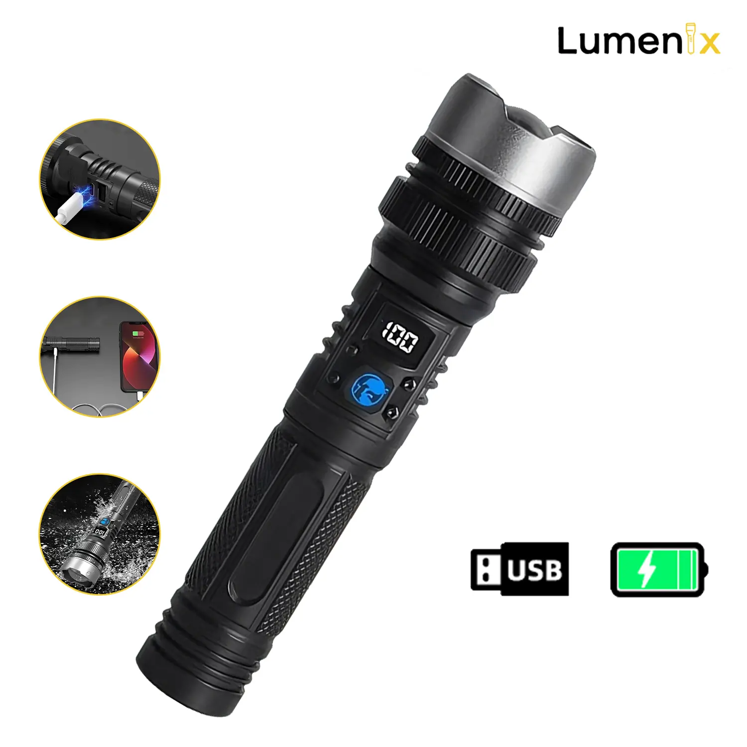 2-in-1 Strong Flashlight (Power Bank)，Digital display of power, Rechargeable，Zoomable, , X4Waterproof, Adjustable Brightness Flash Light for Outdoor, Emergency, Camping Accessories，Black BackToSchool