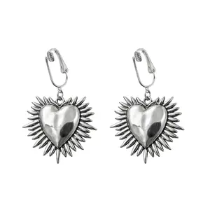 Silver Spiked Heart Clip On Dangling Earrings