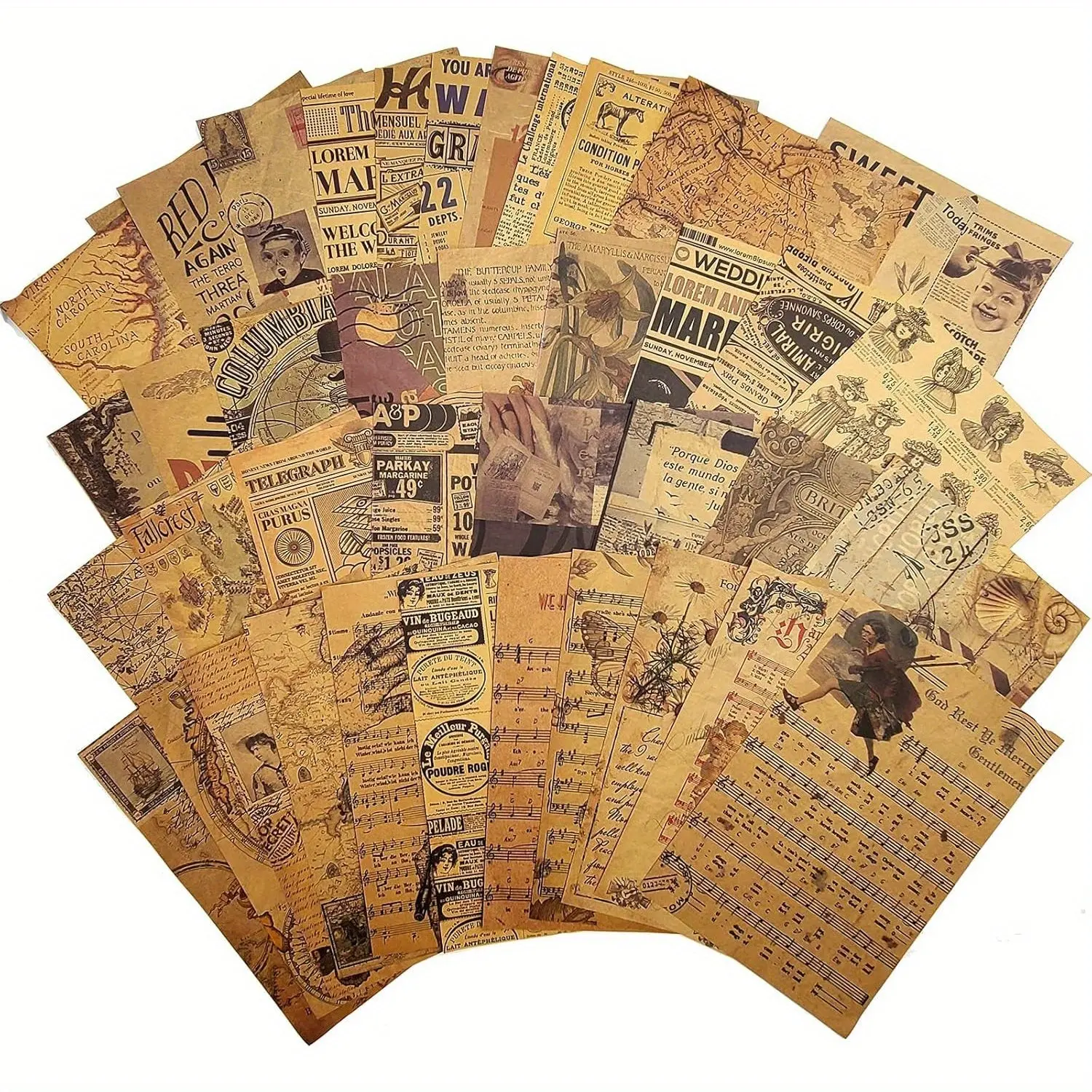 Vintage Craft Paper Scrapbook Set - 40 Sheets Decoupage Paper (10 Sheets per Theme, 4 Distinct Themes), 5.8x8.2 in Premium Office Stationery with Century Illustrations, Music Scores, Newspapers, Expedition Maps for Scrapbooking Ideas, Party Decorations, H