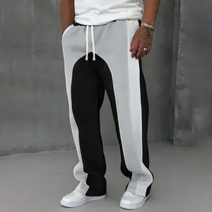 Men’s casual ankle-length straight-leg track work pants with two-tone patchwork design, drawstring elastic waistband, flowy stretchy durable fabric made of spandex polyester, soft comfortable multi-pocket crossover contrast color pants for vintage streetw
