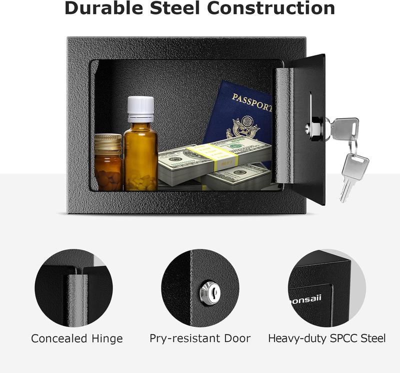 Bonsaii Steel Construction Safe Box with Key Lock, 0.22 Cubic Feet Small Hidden Safe for Home – Secure Money,Cash, and Jewelry (6.69” x 9.06” x 6.69”)