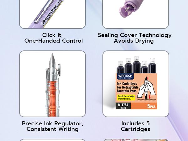 WRITECH Fountain Pen Black Ink with Retractable Fine Nib - Set of 5 Ink Cartridges for Smooth Calligraphy, Journaling and Sketching - Pink Gift