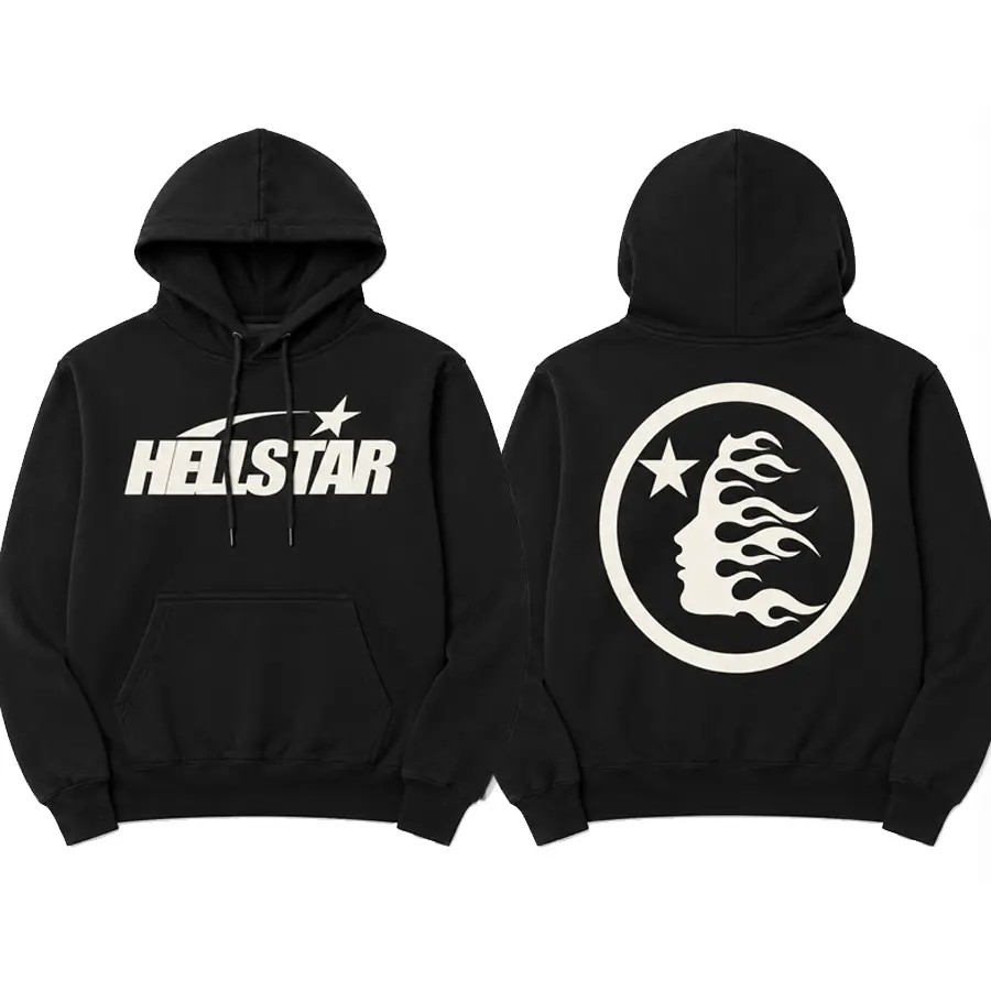Hellstar Flame Face Graphic Hoodie, Shooting Star Logo Pullover, Front Back Y2K Streetwear, Urban Fashion Gift
