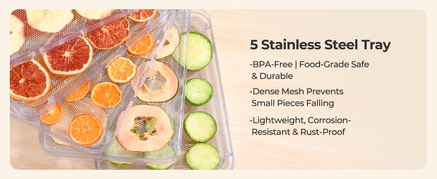 OSTBA Food Dehydrator, 5 Stainless Steel Trays, 400W Powerful Drying, 48H Timer & 95–160°F Temp Control, Quiet Small Dryer for Jerky, Fruits, Herbs, Mushrooms, BPA-Free, Recipes Included