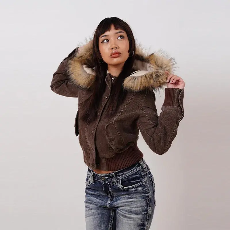 Vintage Brown Short Hooded Jacket Women's Full Sleeve Slim Detachable Fur Collar 2025 NEW Winter  Autumn Female Outerwear Can be used with a raincoat