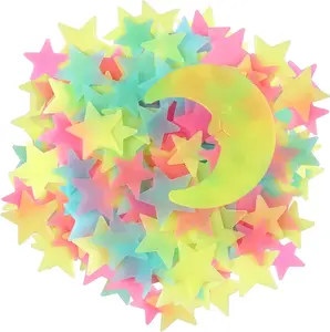 Glow in The Dark Luminous Stars Fluorescent Noctilucent Plastic Wall Stickers Murals Decals for Home Art Decor Ceiling Wall Decorate Kids Babys Bedroom Room 100PCS Yellow Moon and Stars