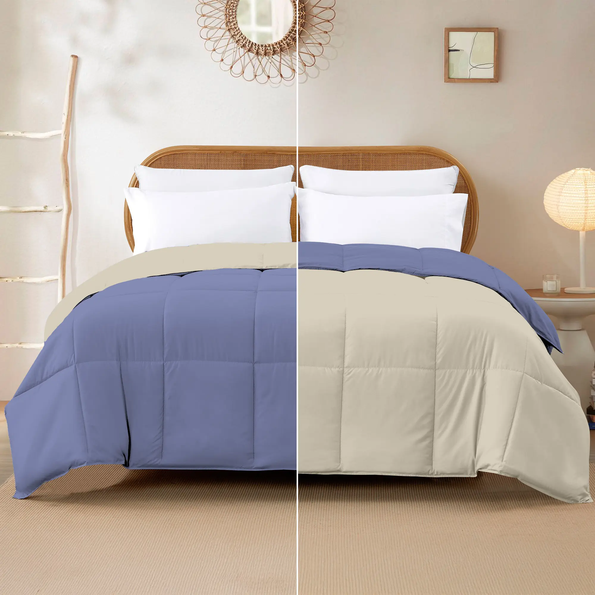 Modern Threads Soft Reversible Breathable All-Polyester Fill Anti-Allergic Flat Weave Down Alternative Comforter - Microfibre, Machine Washable, Blue & Cream, Twin, Queen, King Size Options, Hypoallergenic
