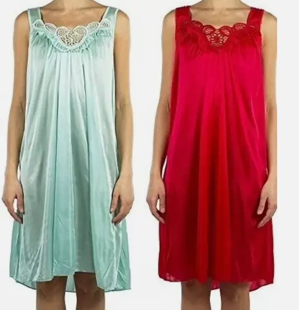 Lady's 2-Pack Polyester Slip Nightwear, Silky Embroidered Lace Accent Sheer Sleeveless Nightgowns, Sizes M-3X, Loungewear