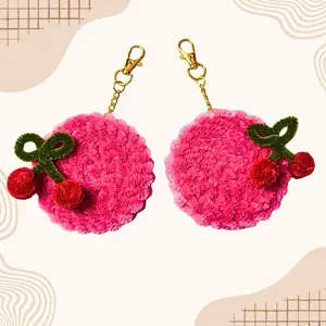 1pc. Mirror Bag Charm Key Chain with Cherry Accents Handmade from Pipe Cleaners Silver/Gold Chain