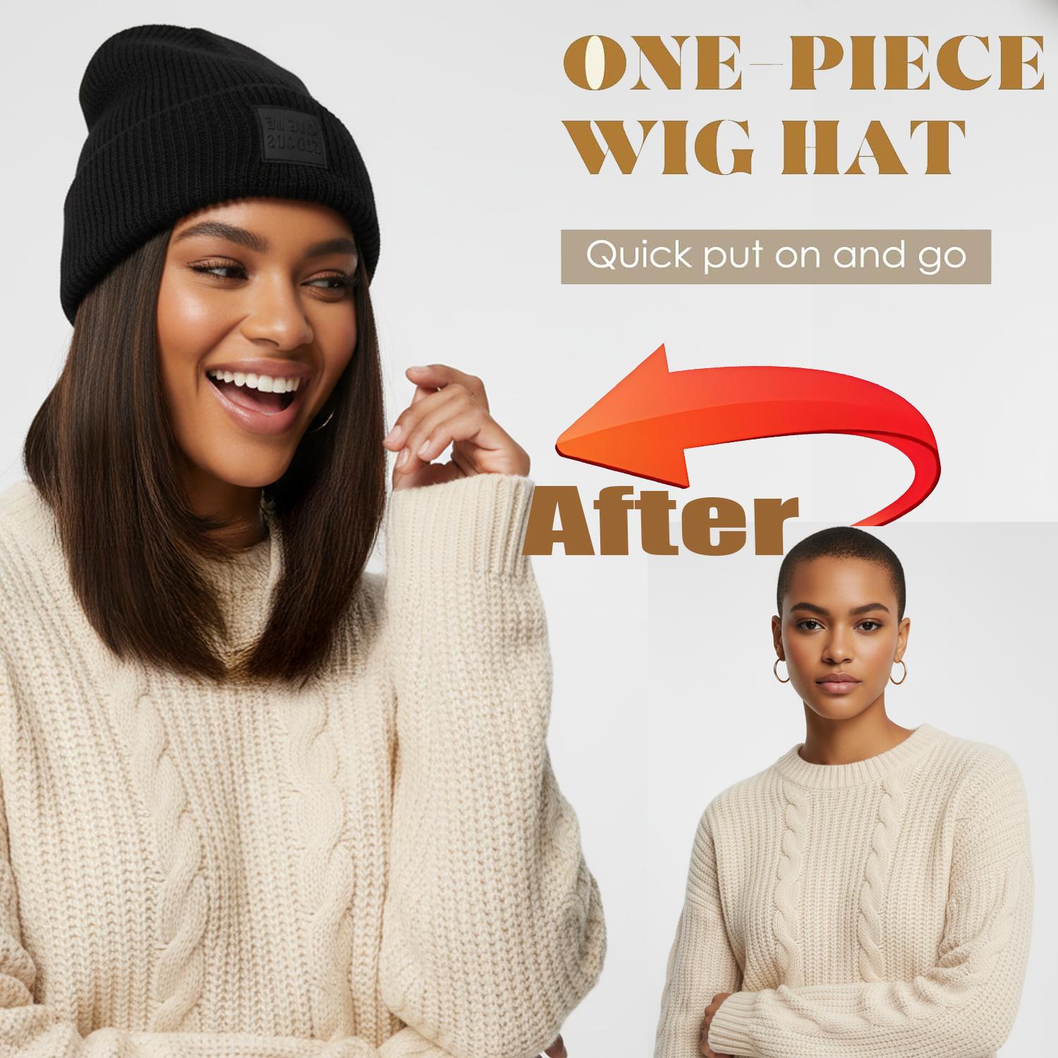 11" Knited Hat Wig Beanie Hat With Long Straight High Temperature Fiber Hair Extensions Knit Rib HatAttached Synthetic Hairpiece Elegant Black Warm Woven Wig Cap For Women Fall And Winter Brown Blonde Balayage