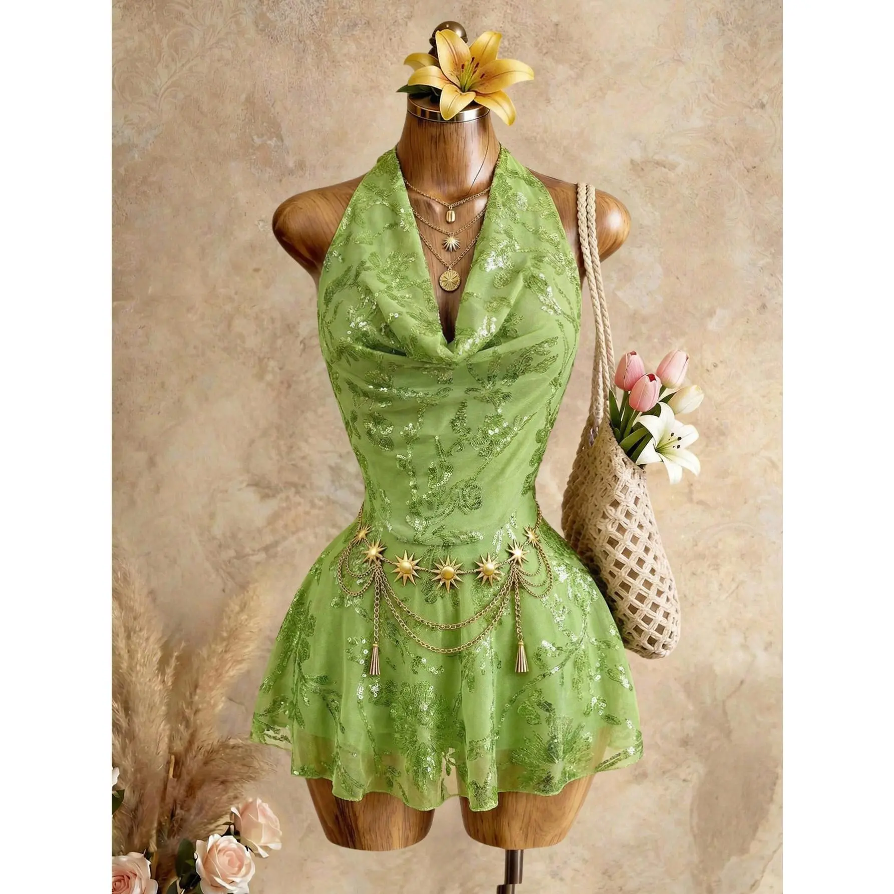 DealsForYouDays Floral Sequin Draped Neck Vacation Mini Dress Summer,Summer Dresses For Women, Summer Outfits, Summer Clothes
