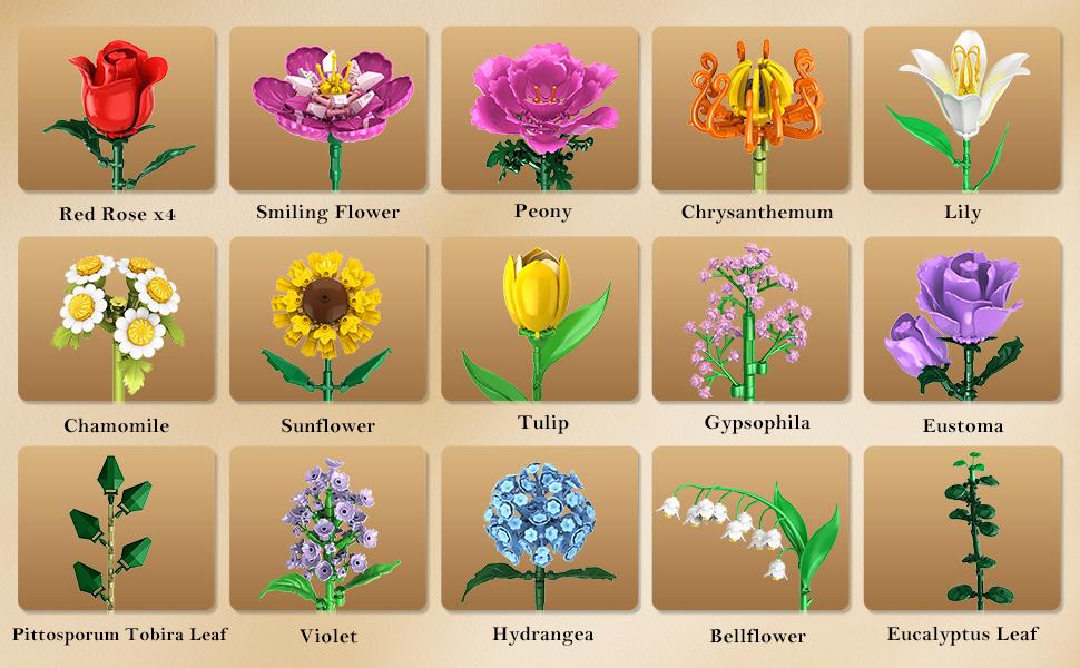 Flower Bouquet Building Set, 18 Roses & Botanical Collection, 1015 PCS Building Blocks, Home Decor Gift for Her, Adults, Women, Kids 6-12+